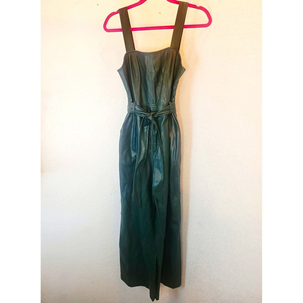 Anthropologie Green Faux Leather Belted Zip Front Sleeveless Jumpsuit 2